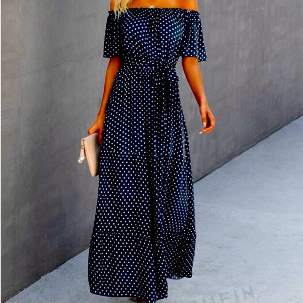 Navy Polka Dot Off-Shoulder Maxi Dress